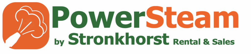 Logo oranje en groen, met tekst 'PowerSteam by Stronkhorst Rental & Sales' en een icoon van stoom.